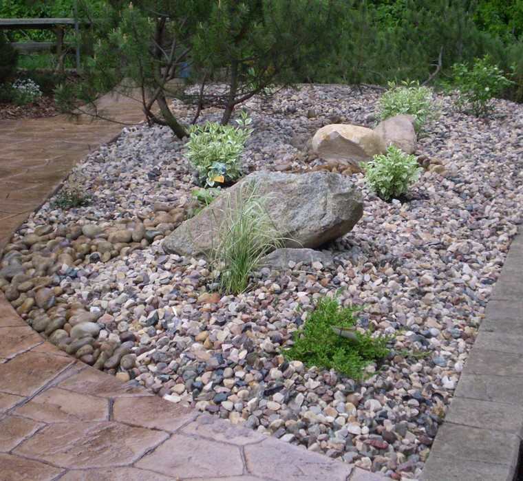 Jardin moderne avec du gravier décoratif, galets et plantes